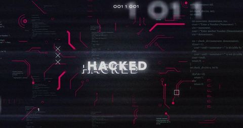 Glitching HACKED Alert on Futuristic Cyber HUD with Magenta Circuitry, Binary, Code
