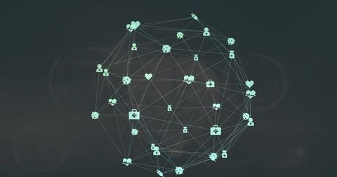 Digital Network of Connecting Icons and Nodes on Black Global Interface