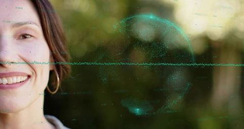 Smiling woman wearing hoop earring in park with teal data waveform and globe overlay