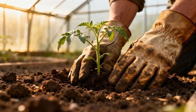 Planting Seedling in Greenhouse with Leather Gloves at Warm Golden Sunrise Light