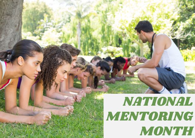 Digital composite image of national mentoring month text fitness instructor coaching team on grass. fitness, sport and mentorship.