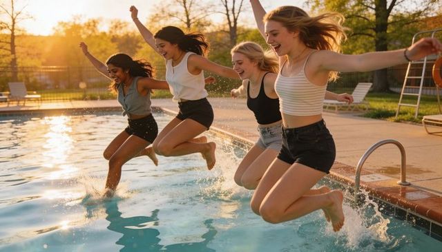 Jumping teen friends splashing into outdoor sunlit pool at golden hour