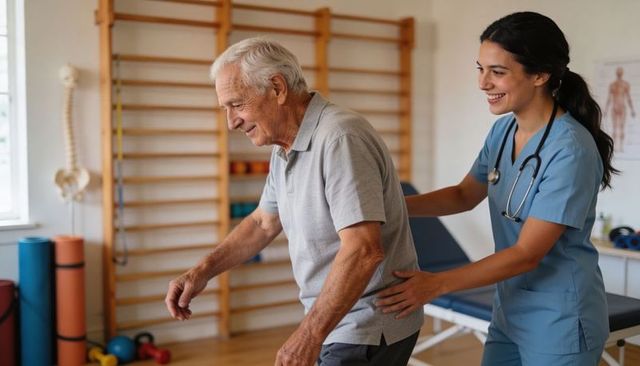 Senior man regaining mobility with smiling therapist guiding gait in rehab clinic