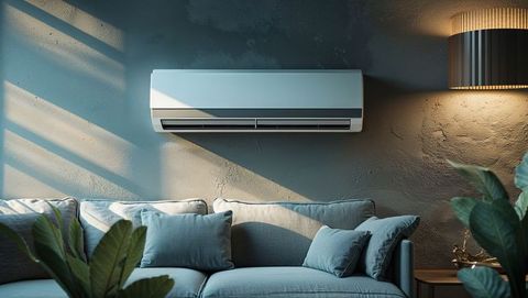 Modern living room with air conditioner and cozy sofa