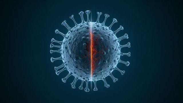 Glowing split virus particle with exposed core and surface spikes, 3d medical concept