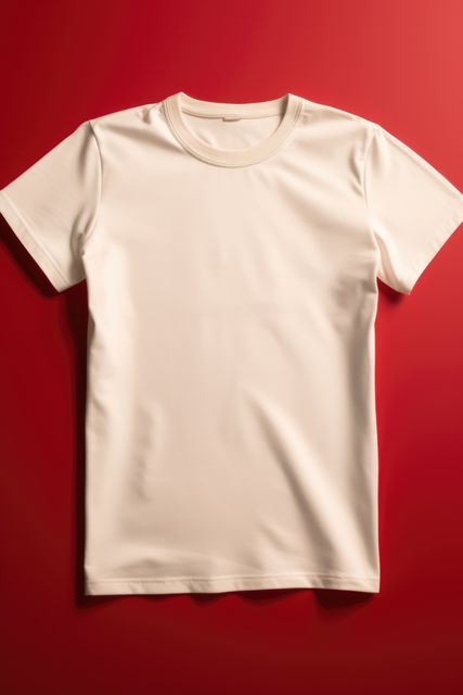 White tshirt with copy space on red background, created using generative ai technology. Clothing, texture, material, digitally generated image.