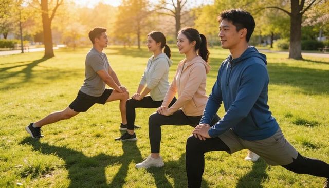 Asian adults doing group lunges in park at golden hour for outdoor fitness routine