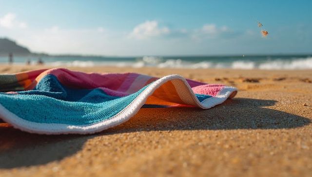 Vibrant striped beach towel lying on golden sand at shoreline with gentle ocean waves