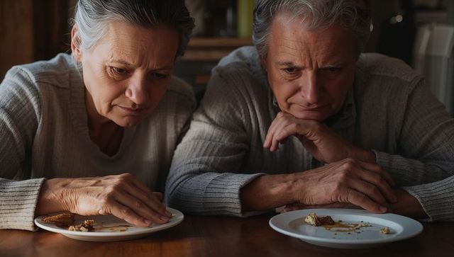 Senior couple leaning over nearly empty plates examining crumbs with thoughtful expressions