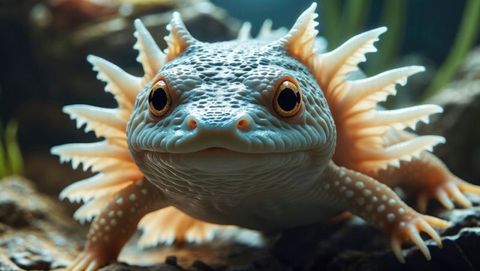 Vibrant Pale Orange Axolotl with Decorative Gills in Aquarium Setting