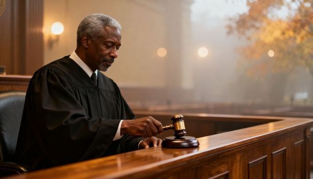 Judge holding gavel preparing to strike sound block at wooden courtroom bench