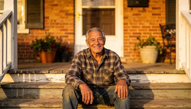 Golden hour senior man sitting on rustic porch steps smiling in plaid flannel and jeans