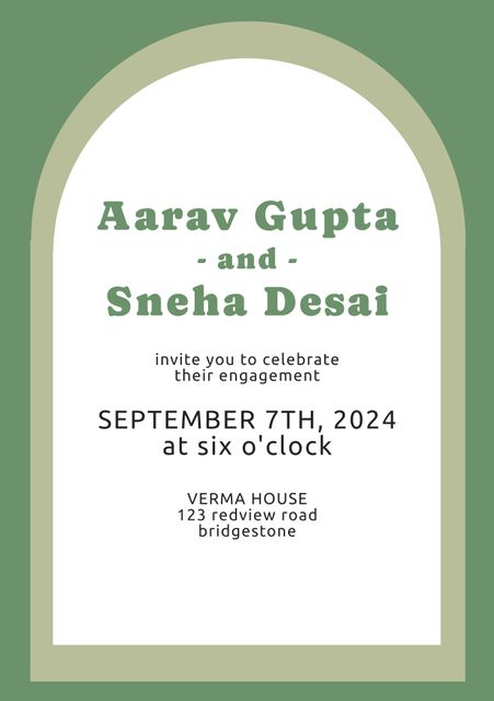 Elegant engagement invitation design featuring a green border and arched frame in the center. The invitation highlights the names of the couple, providing event details such as date, time, and venue. Ideal for celebrating a formal and sophisticated engagement, suitable for use in email invitations, printed cards, or wedding websites.