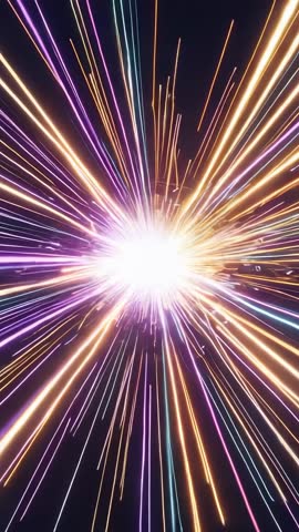 Vertical cosmic core bursting into colorful light streaks for futuristic motion background