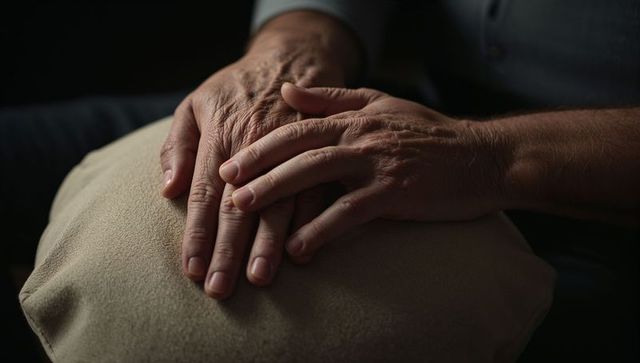 Senior hands resting on cushion closeup showing wrinkles veins intimate calm moment