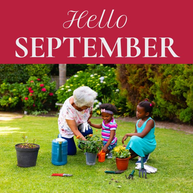 African American Grandmother and Granddaughters Gardening in September - Download Free Stock Templates Pikwizard.com