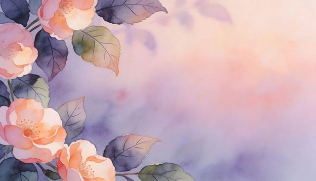 Peach pink camellia watercolor cluster against pastel lavender wash