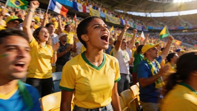 Young fan cheering passionately in yellow jersey at sunlit stadium during football match