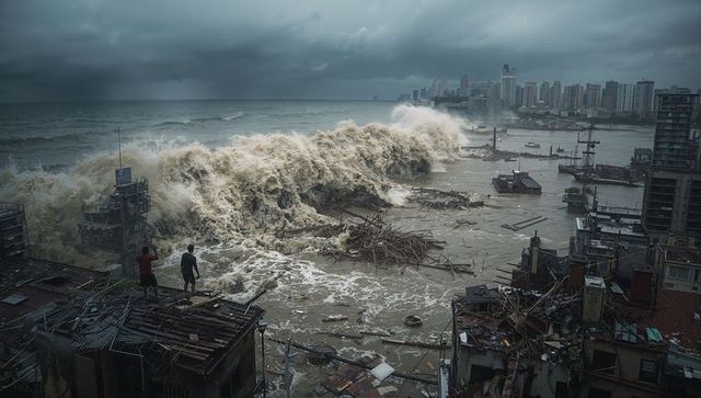 Men observing massive tidal wave in coastal city