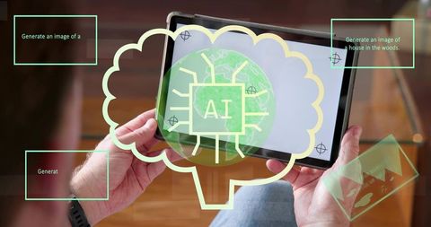 Mature man holding tablet viewing ai brain hologram in living room wearing smartwatch