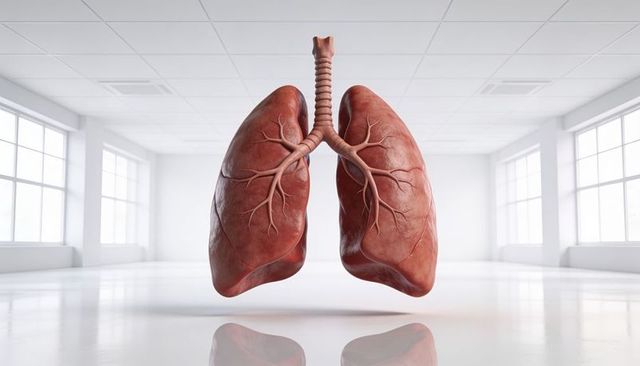 Floating anatomical human lungs with trachea and bronchi in bright clinical gallery