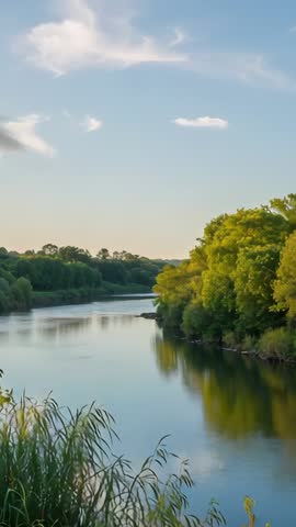 Dawn riverbank breeze stirring grasses under trees with drifting clouds and reflections