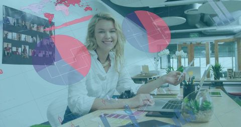 Confident Businesswoman Engaging with Digital Financial Interfaces