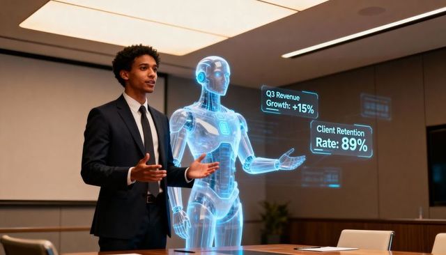 Executive presenting beside holographic ai assistant showing revenue growth and retention