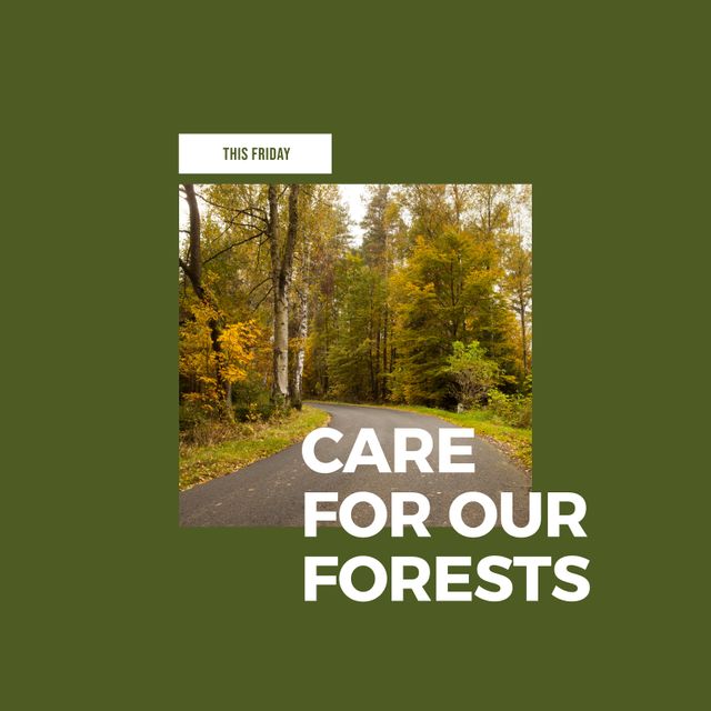 Care for Our Forests Event Poster with Road and Scenic Autumn Forest - Download Free Stock Templates Pikwizard.com