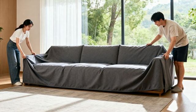Young couple pulling dark gray slipcover over sofa in sunlit minimal living room