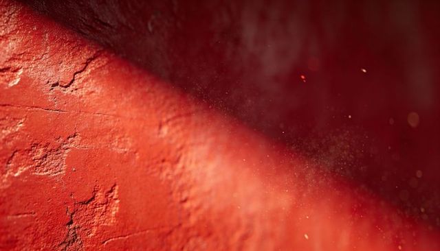 Revealing crimson plaster with peeling paint, cracked texture, diagonal shadow and dust