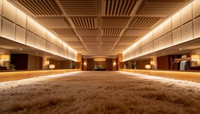 Leading plush shag carpet runner drawing eye down luxury walk-in closet with mirrored walls