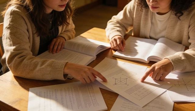 Two Students Collaborating on Geometry Problems at Wooden Desk