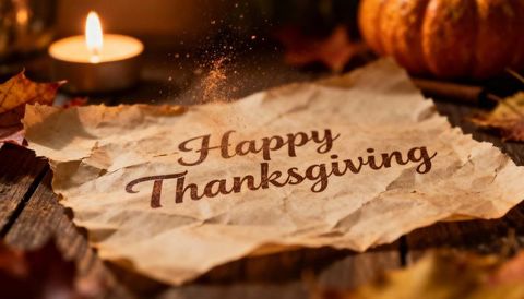 Happy thanksgiving greeting on crumpled parchment with candlelight and pumpkin