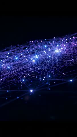 Pulsing Neural Network Glowing Nodes and Lines Drifting in Dark Cyberspace Vertical Clip