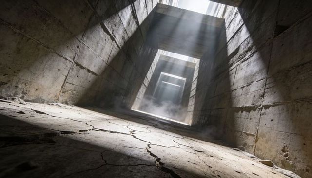 Sunlit concrete passage with repeating portals, cracked floor and dusty light rays