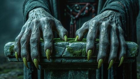 Eerie demonic clawed hands gripping stone pedestal in mystical forest