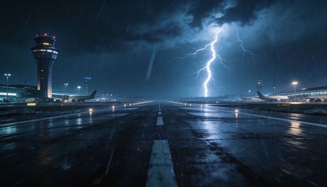 Lightning striking runway at night with wet reflections and control tower in storm