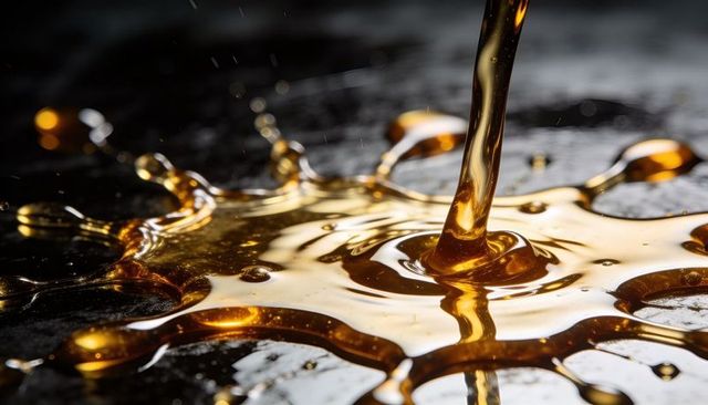 Pouring golden syrup creating dynamic glossy splash with droplets and reflective surface