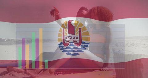 Couple Relaxing on Beach with Smartphone and Chart Data Overlay