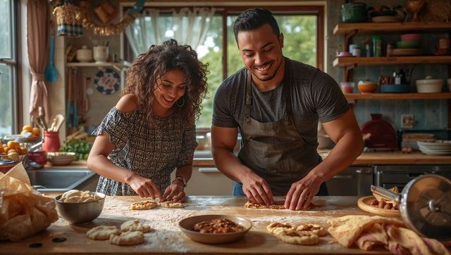 Couple Shaping Dough Together in Sunlit Rustic Home Kitchen, Smiling While Baking Pastries