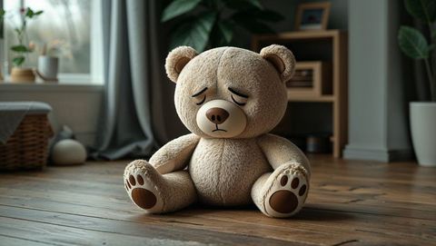 Sad Teddy Bear on Wooden Floor in Cozy Living Room