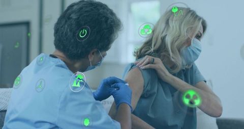 Nurse Giving Vaccine Shot with Futuristic Icons Overlay in Modern Clinic