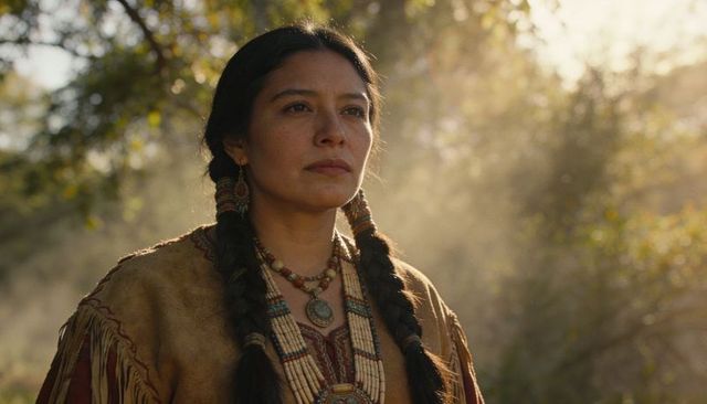 Standing native american woman wearing buckskin fringe and beaded medallion in woodland