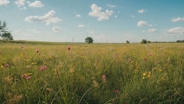 Sunlit wildflower meadow with pink clover and blooms, lone trees on horizon