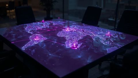 Futuristic Holographic World Map Display in Dark Boardroom