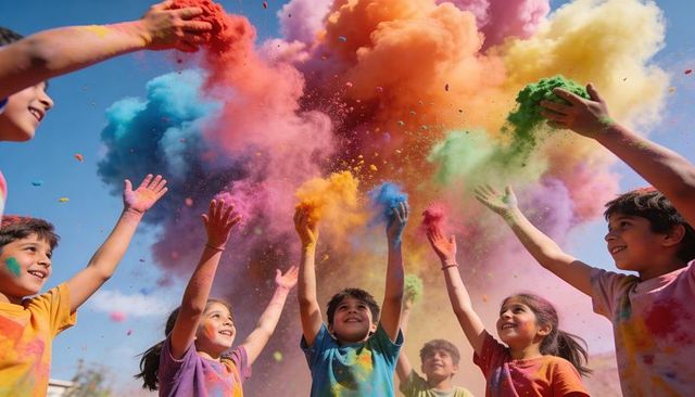 Children celebrating holi throwing vibrant colored powder clouds into bright blue sky