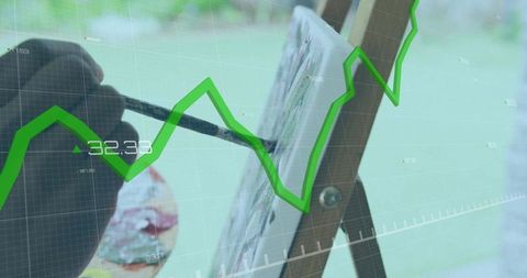 Artist Painting on Canvas Merged with Financial Green Graph Overlay