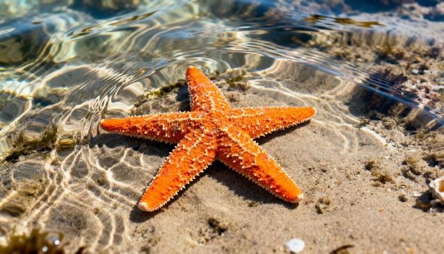 Bright orange starfish resting on sandy seafloor with sunlit caustics and seaweed