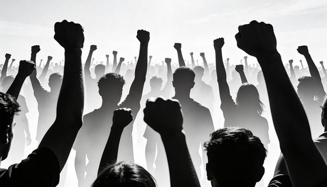 Silhouetted crowd raising clenched fists in backlit haze, powerful unity and protest scene